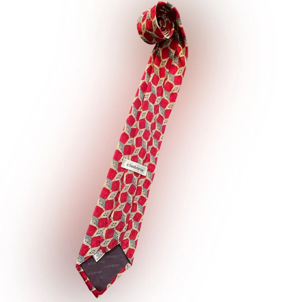 😎 Claiborne red/tan patterned 100% silk neck tie